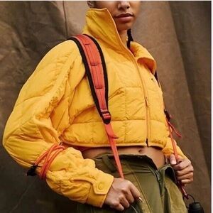 Free People Movement Pippa Packable Puffer Jacket XL Yellow Crop Hiking Sporty